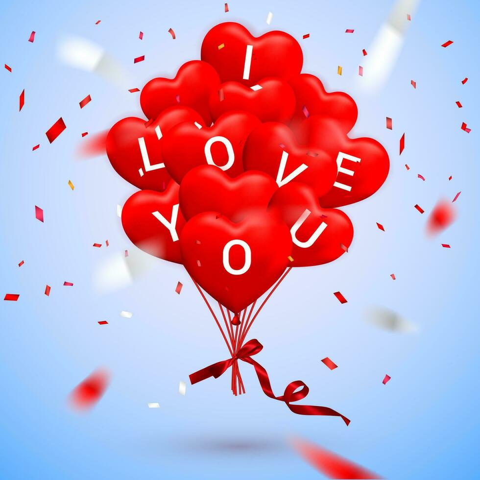 yo amor tú, contento san valentin día fondo, rojo globo en formar de corazón con arco, cinta y papel picado. vector ilustración