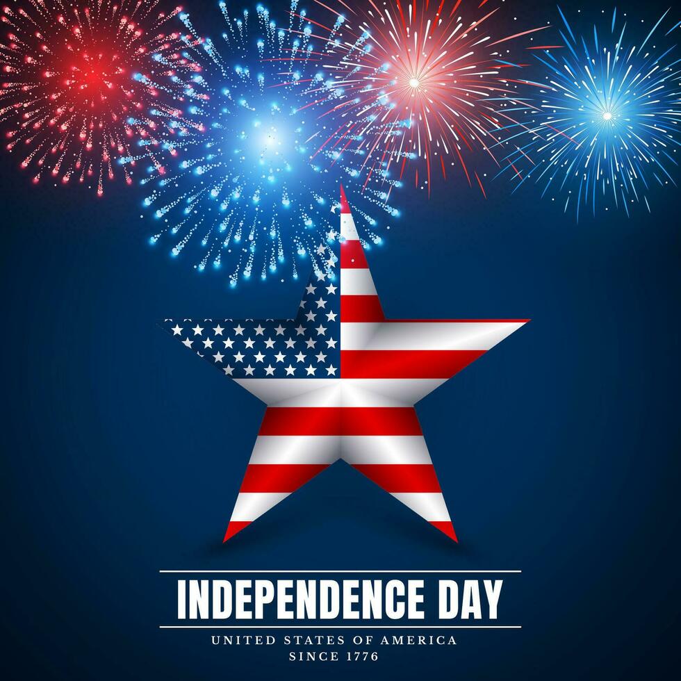 4 4 th julio Estados Unidos estrella, independencia día. fuegos artificiales. festival vistoso Fuegos artificiales. vector Ilustracion en azul antecedentes