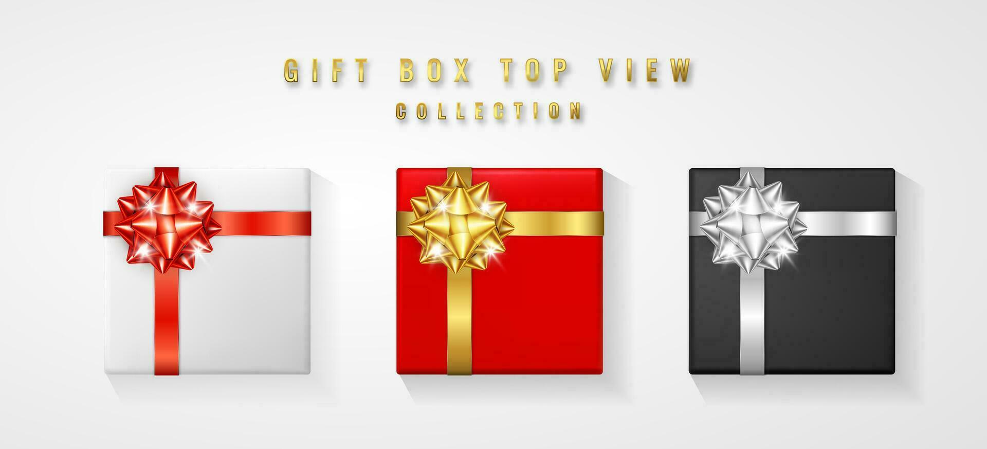 Set Gift box with bow and ribbon top view. Element for decoration gifts, greetings, holidays. Vector illustration.