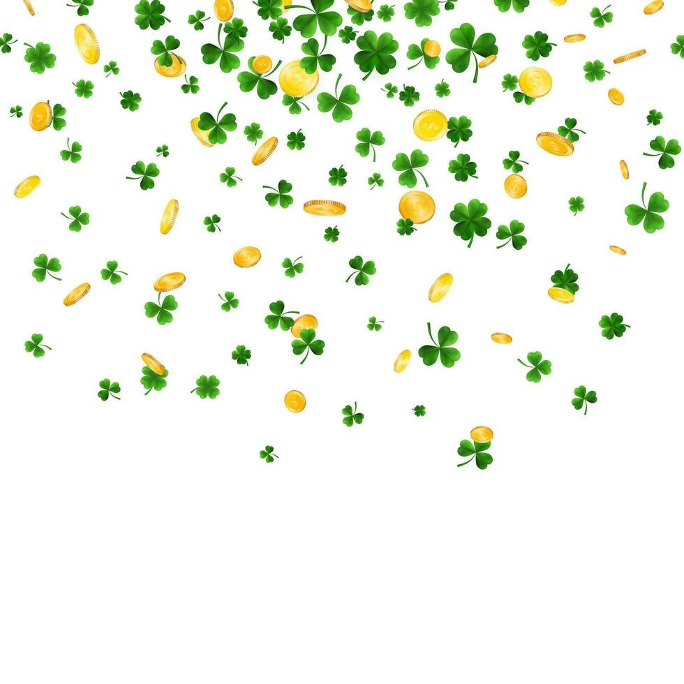 Saint Patrick's Day Border with Green Four and Tree Leaf Clovers and gold coins on White Background. Irish Lucky and success symbols. Vector illustration