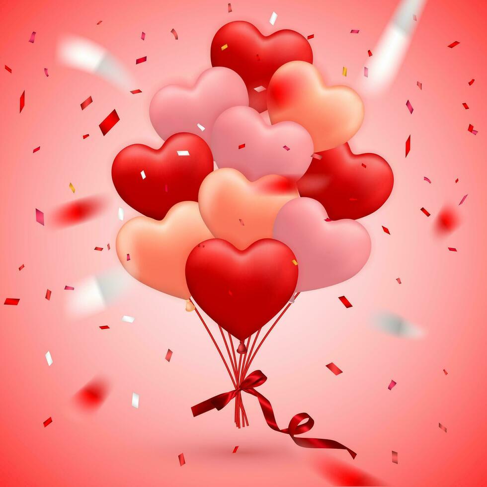 contento san valentin día fondo, rojo globo en formar de corazón con arco, cinta y papel picado. vector ilustración