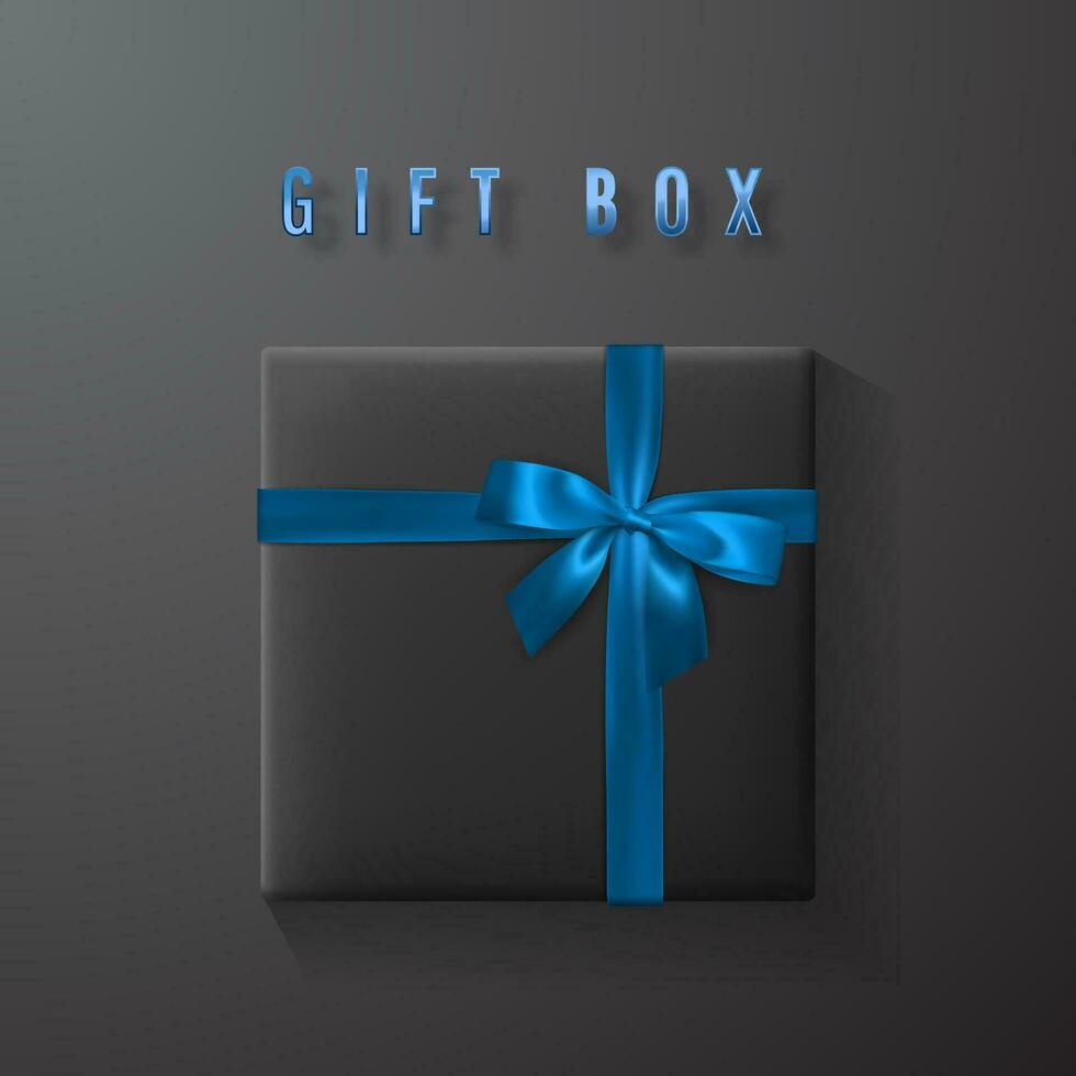 Black gift box with blue bow and ribbon top view. Element for decoration gifts, greetings, holidays. Vector illustration