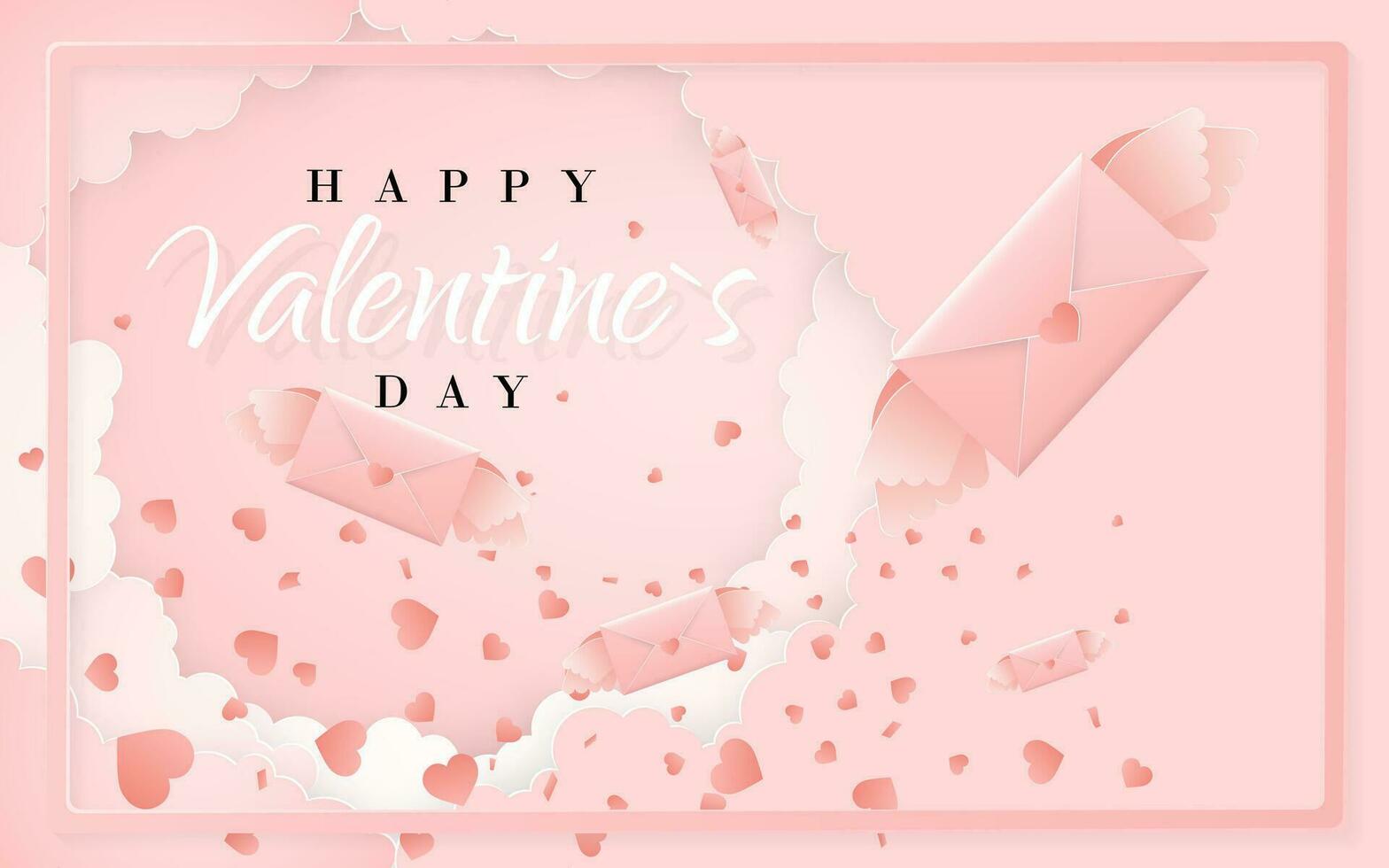 Happy valentines day invitation card template with origami paper letter, clouds and confetti. Pink background. Vector illustration