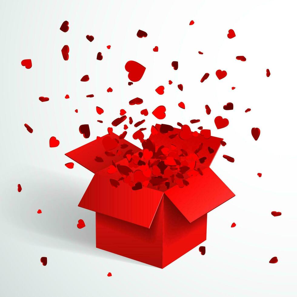 Open Red Gift Box and Heart Confetti. Christmas and Valentine Background. Vector Illustration