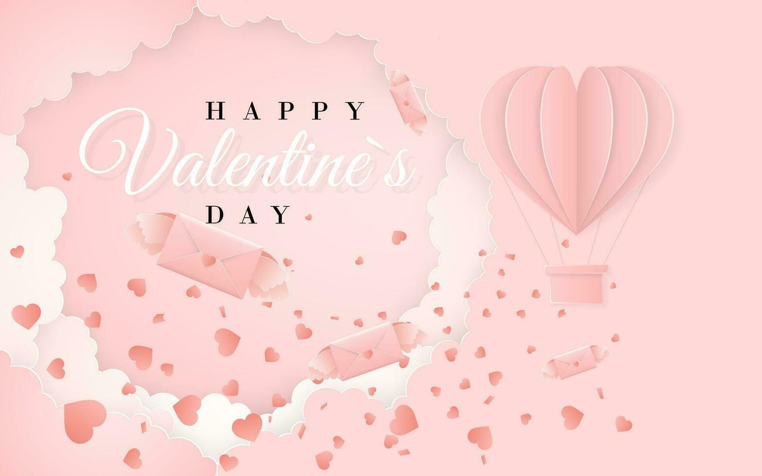 Happy valentines day invitation card template with origami paper hot air balloon in heart shape, paper letter, white clouds and confetti. Pink background. Vector illustration