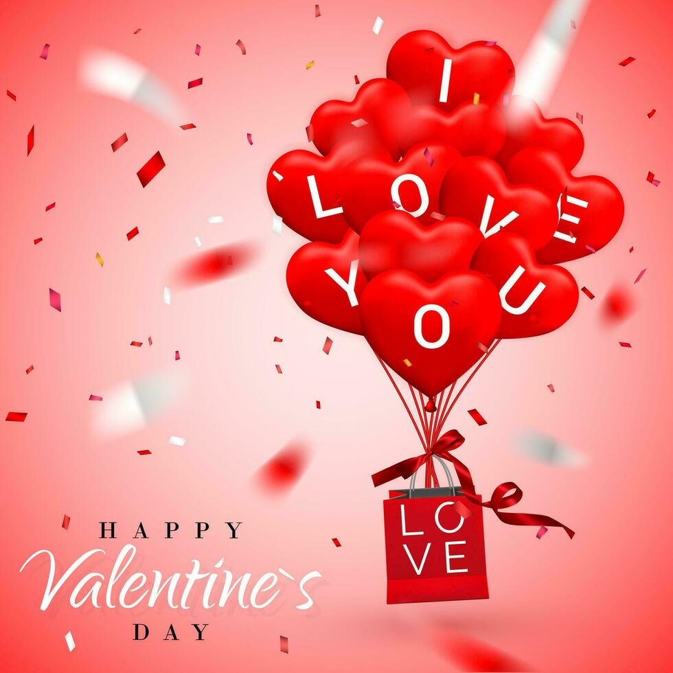 contento san valentin día fondo, rojo globo en formar de corazón con arco y cinta y papel compras bolsa. vector ilustración