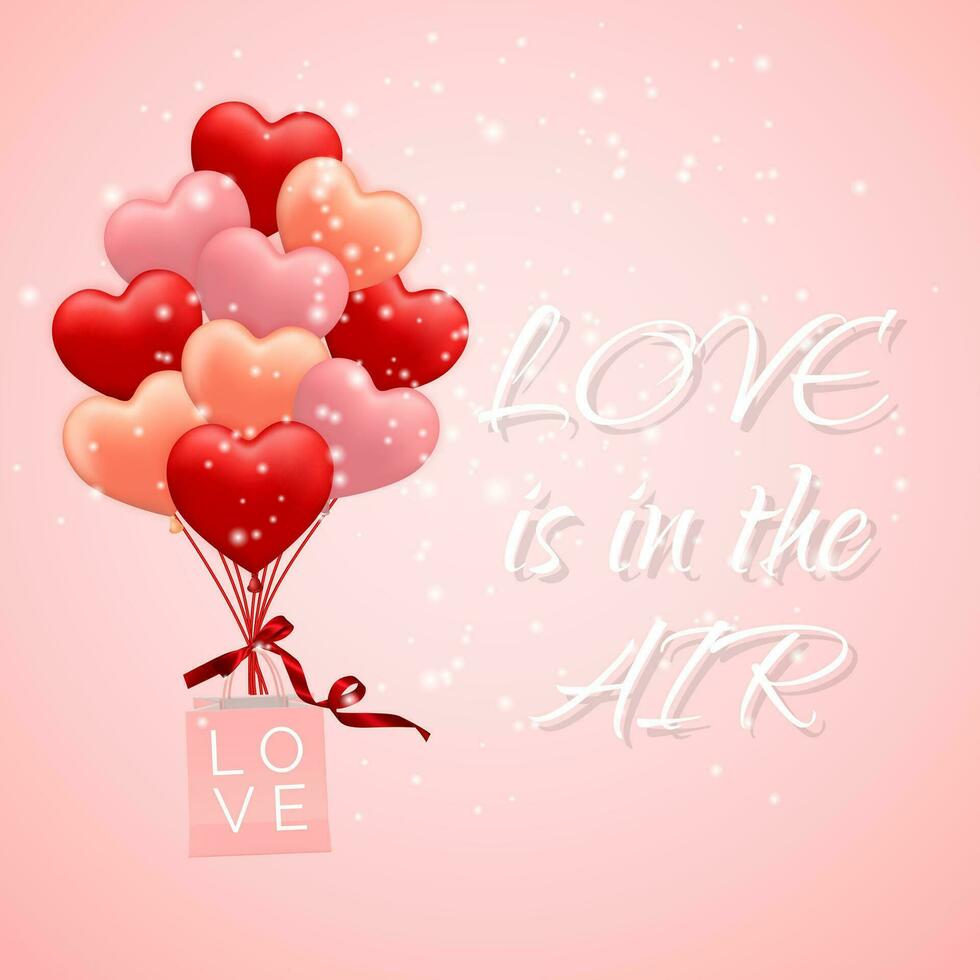 contento san valentin día fondo, rojo, rosado y naranja globo en formar de corazón con arco y cinta y papel compras bolsa. vector ilustración