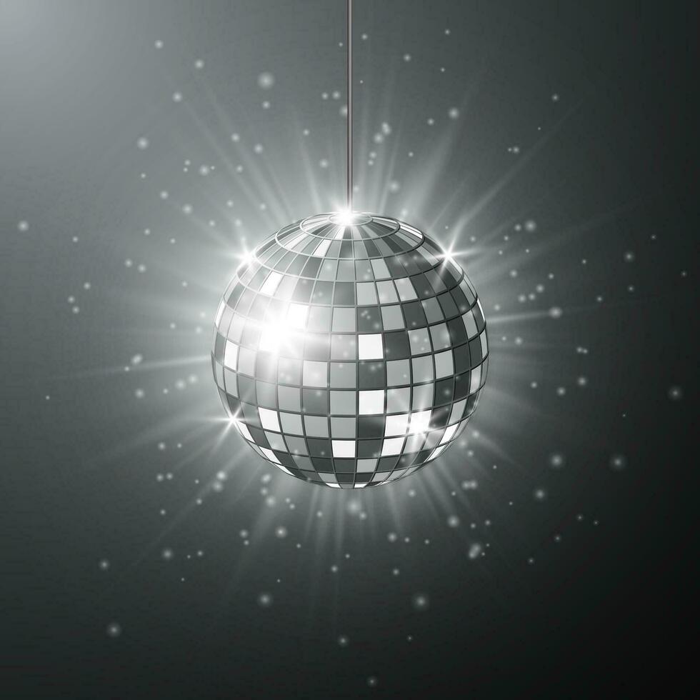 Disco or mirror ball with bright rays. Music and dance night party background. Abstract night club retro background 80s and 90s. Vector illustration
