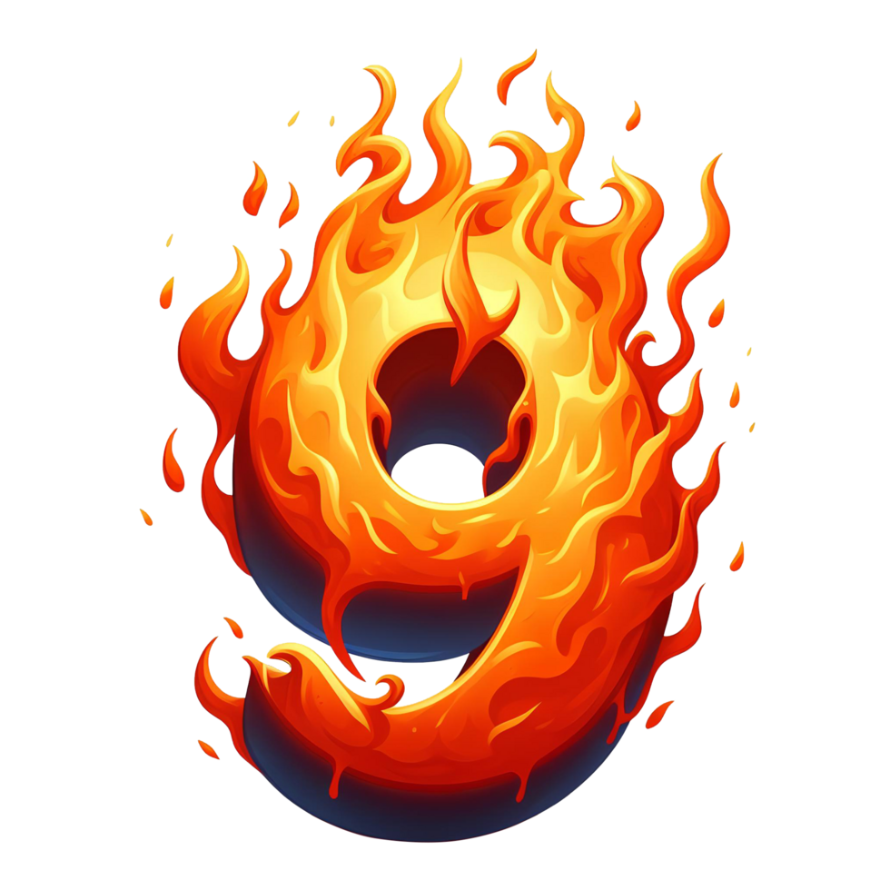 AI generated 9 - number from fire with cartoon style on transparent background png