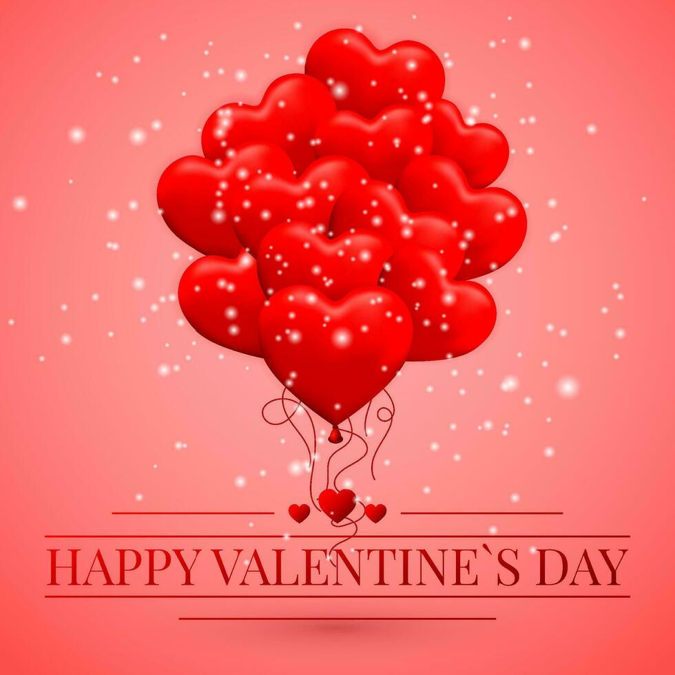 Happy Valentines Day background, red balloon in form of heart with bow and ribbon. Vector illustration