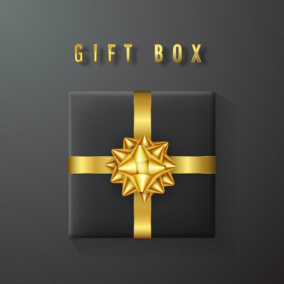 Black gift box with golden bow and ribbon top view. Element for decoration gifts, greetings, holidays. Vector illustration