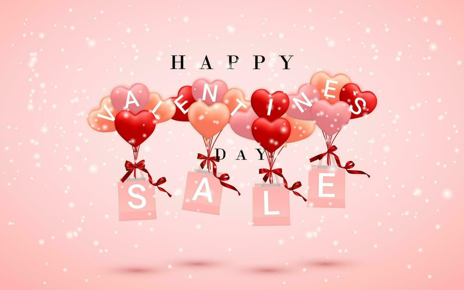 SALE, Happy Valentines Day background, red, pink and orange balloon in form of heart with bow and ribbon and Paper shopping bag. Vector illustration