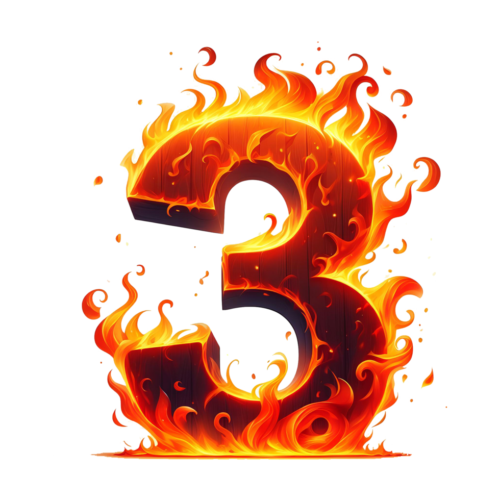 AI generated 3 - number from fire with cartoon style on transparent background png