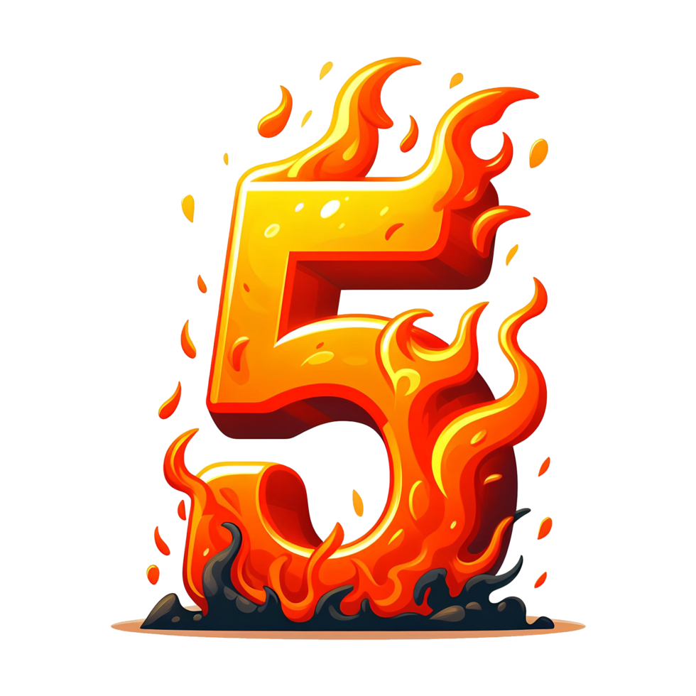 AI generated 5 - number from fire with cartoon style on transparent background png