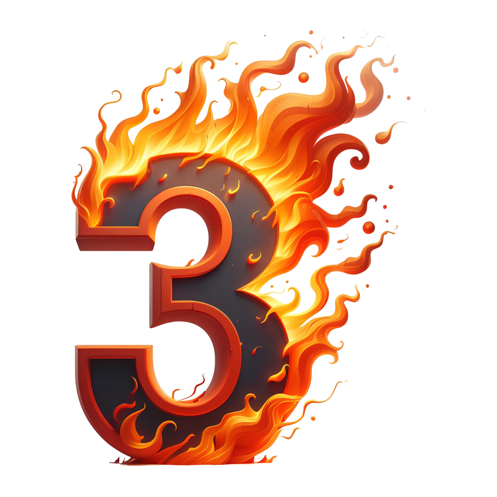 AI generated 3 - number from fire with cartoon style on transparent background png