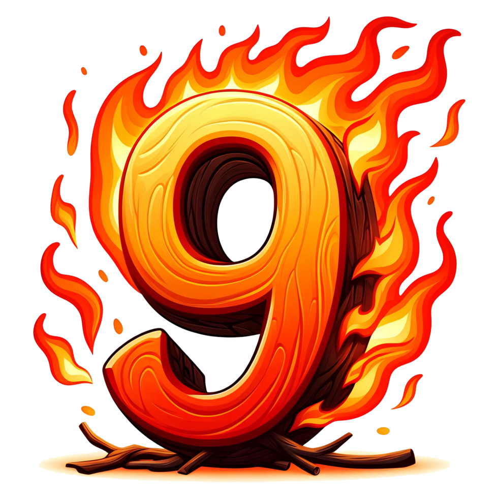 AI generated 9 - number from fire with cartoon style on transparent background png