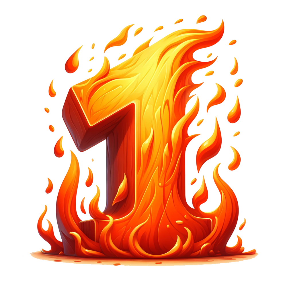AI generated 1 - number from fire with cartoon style on transparent background png