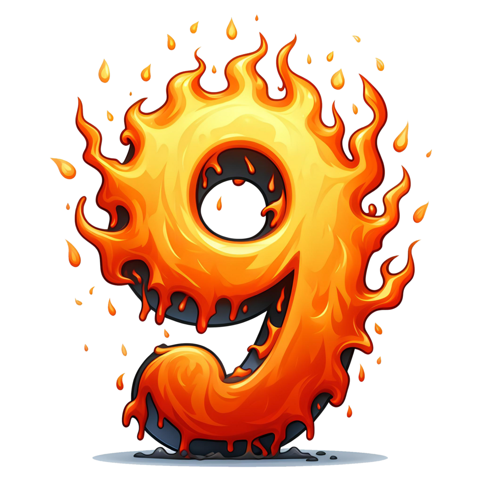 AI generated 9 - number from fire with cartoon style on transparent background png