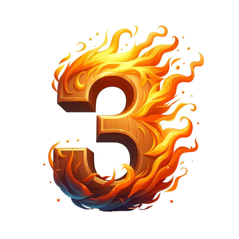 AI generated 3 - number from fire with cartoon style on transparent background png