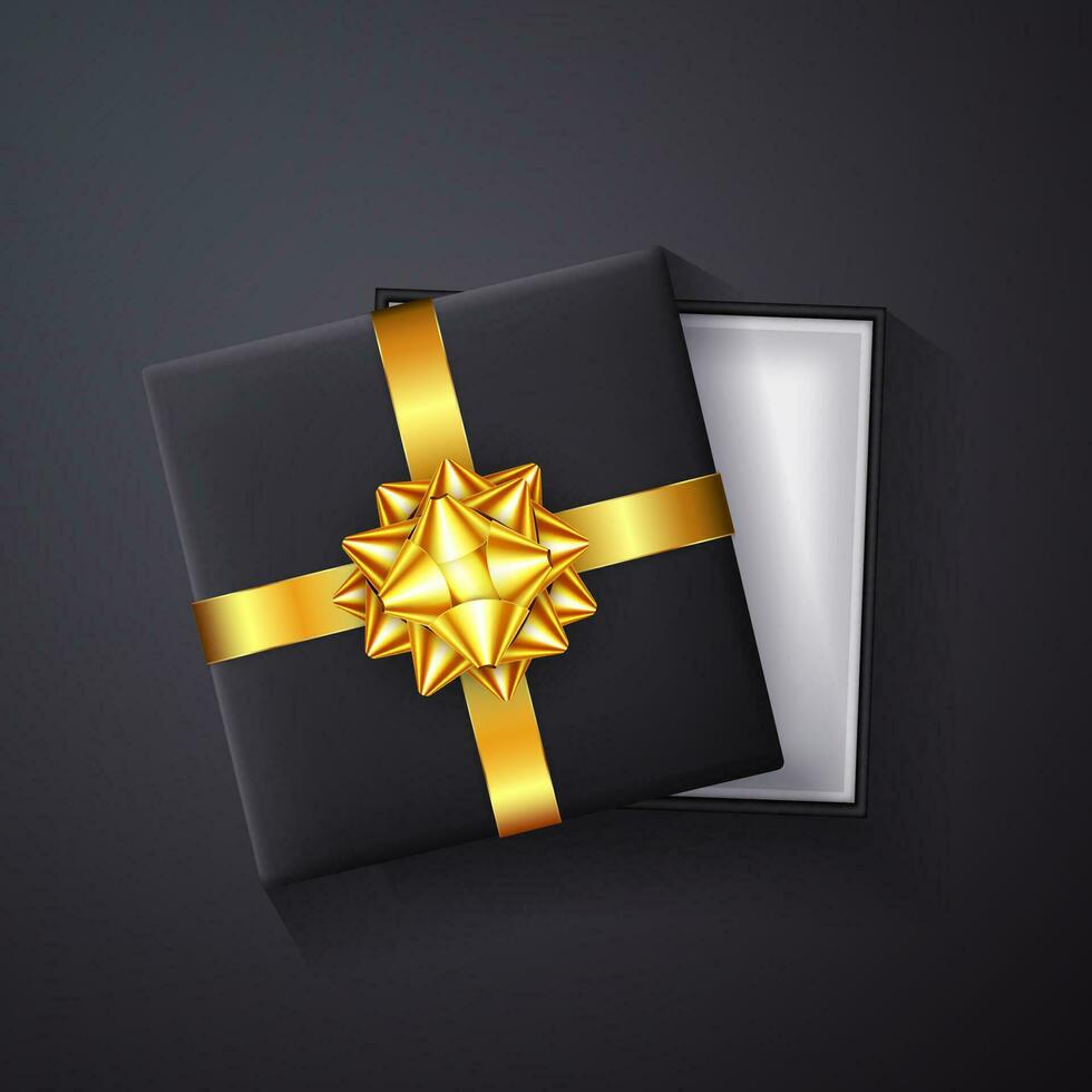 Black Gift box with golden bow and ribbon top view. Element for decoration gifts, greetings, holidays. Vector illustration