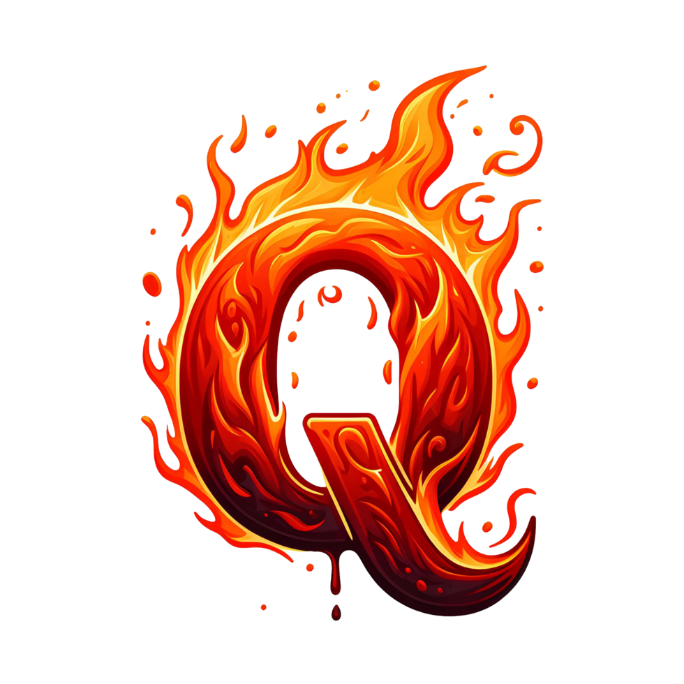 AI generated Q - Alphabet Letters from Fire, in cartoon style, transparent background png