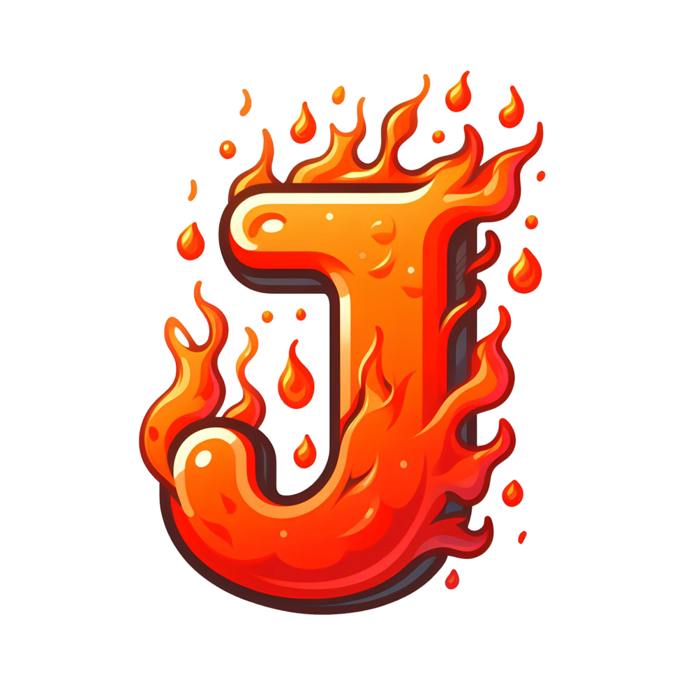 AI generated J - Alphabet Letters from Fire, in cartoon style, transparent background png