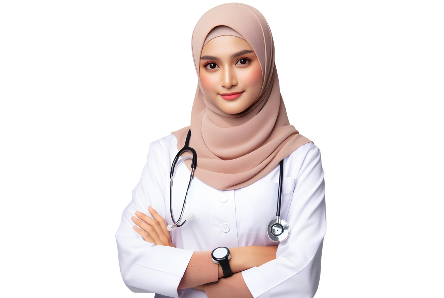 AI generated Beautiful woman doctor wearing a hijab on a transparent background PNG