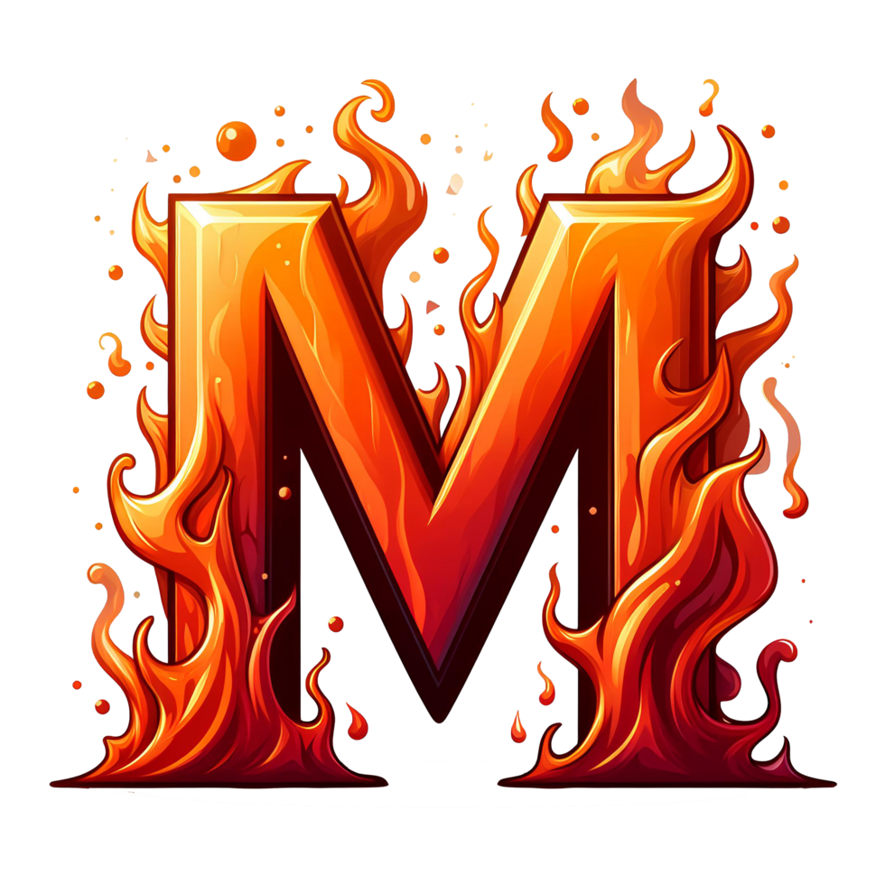 AI generated M - Alphabet Letters from Fire, in cartoon style, transparent background png