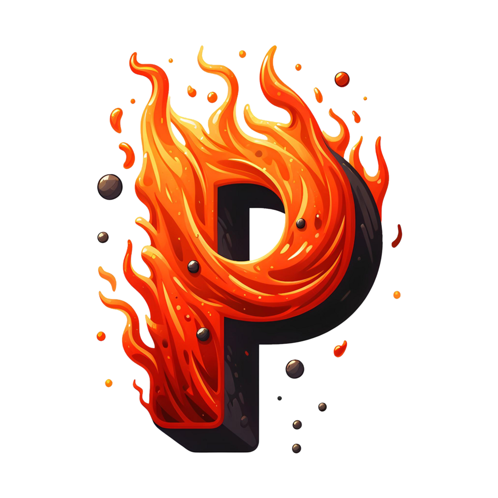 AI generated P - Alphabet Letters from Fire, in cartoon style, transparent background png