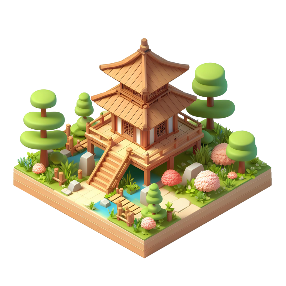AI generated wooden house surrounded by trees - 3d isometric on transparent background png