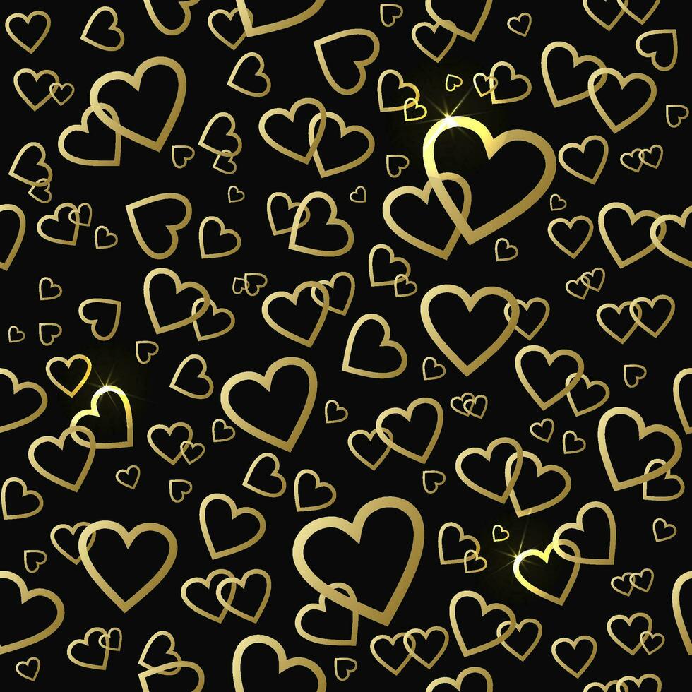 Seamless vector pattern with gold shining hearts on a black background. For Valentines day or wedding design
