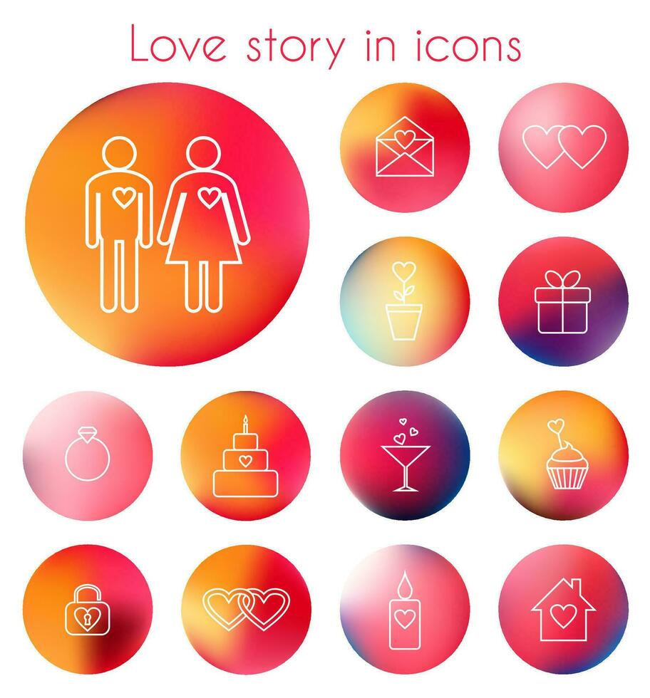 Set of vector line icons on blurred background for love story