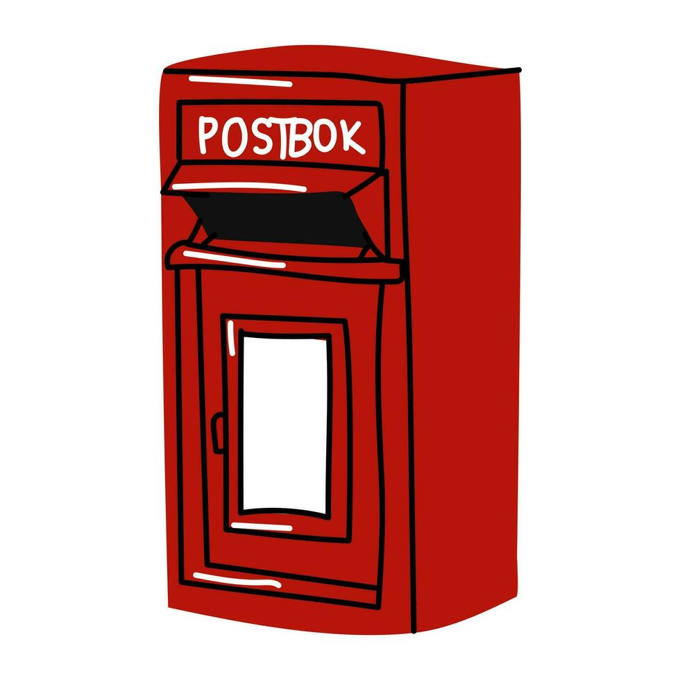 Red rectangular mailbox on a white background. Modern vector illustration, hand-drawn. An isolated design element. Delivery, message, communication concept. Mailbox, mailbox box, letter box, mail