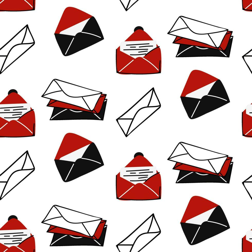 Vector seamless pattern of closed and open envelopes with letters in red, black, and white colors. Hand-drawn postal background with envelopes, mail, letters. Envelopes with letters from loved ones
