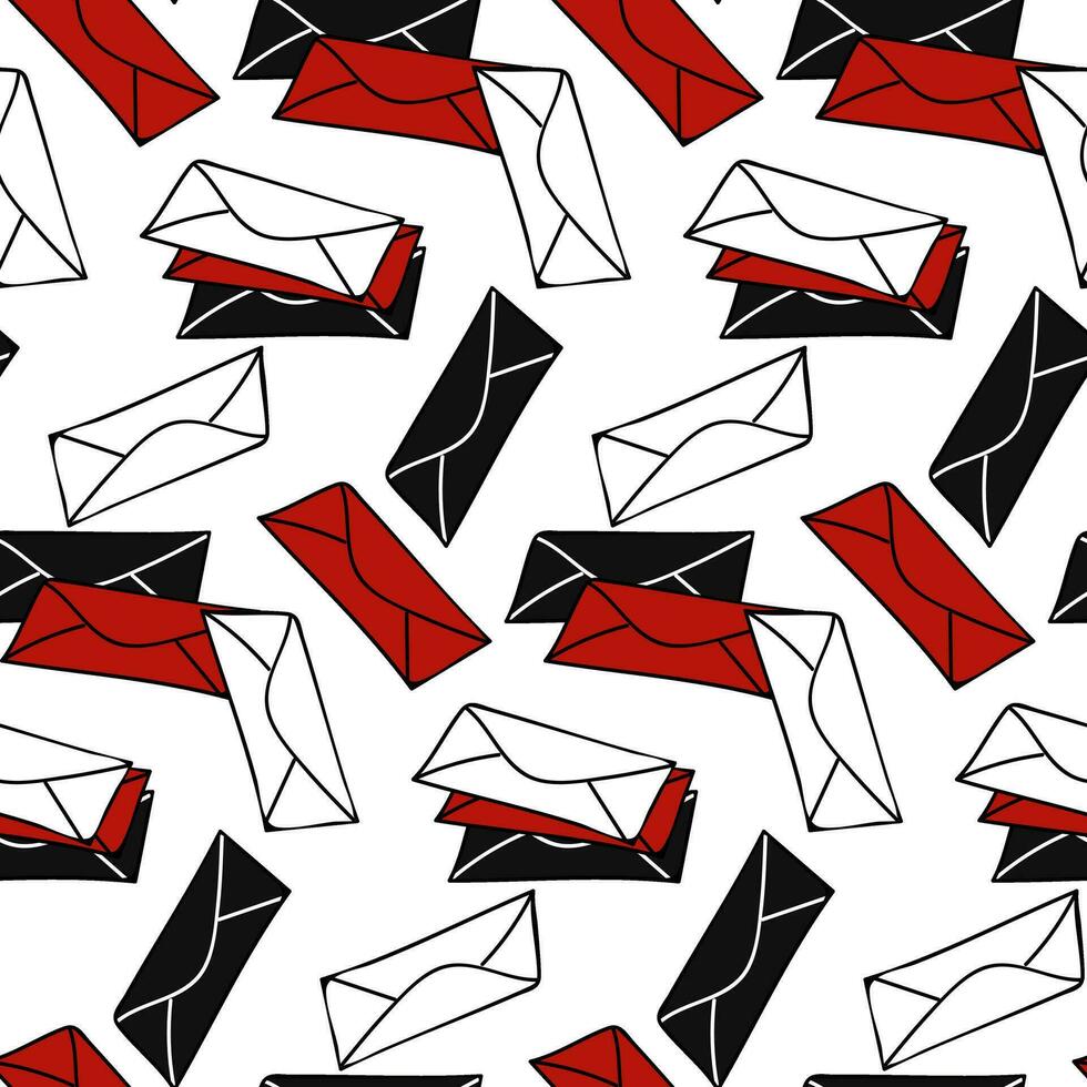 Vector seamless pattern of closed envelopes, letters in red, black, white colors. Hand-drawn postal background with envelopes, Valentine's day mail, flying letters. Envelopes with letters from loved