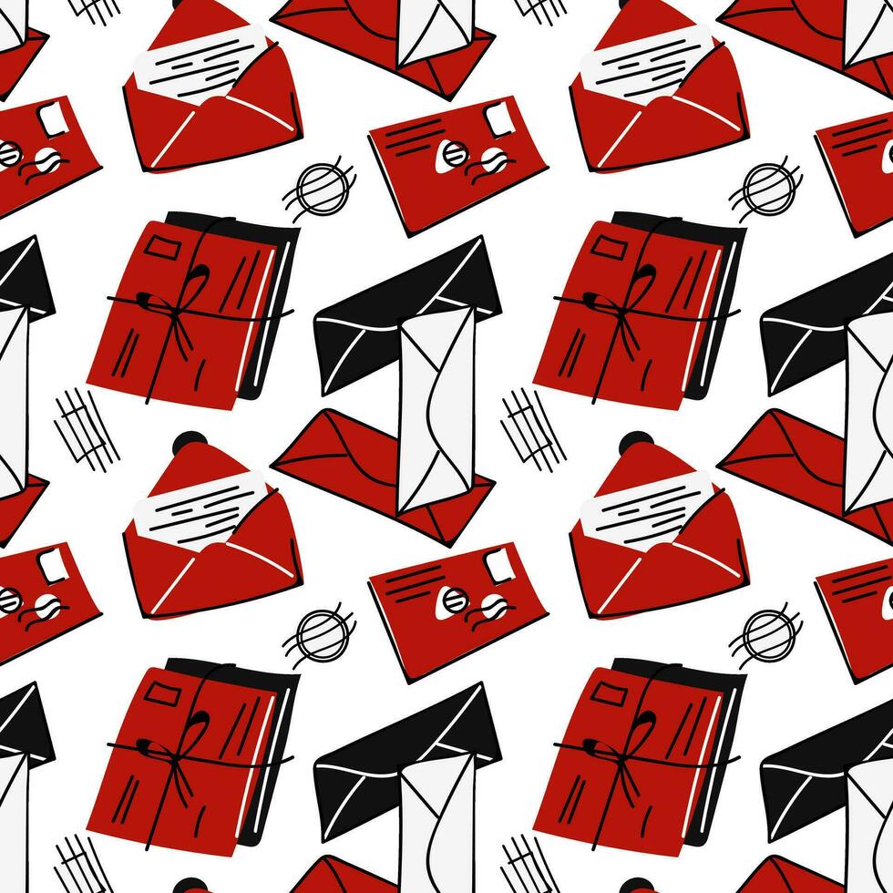 Vector seamless pattern of closed and open envelopes with letters in red, black, and white colors. Hand-drawn postal background with envelopes, stamps, envelopes in a stack. Mail correspondence