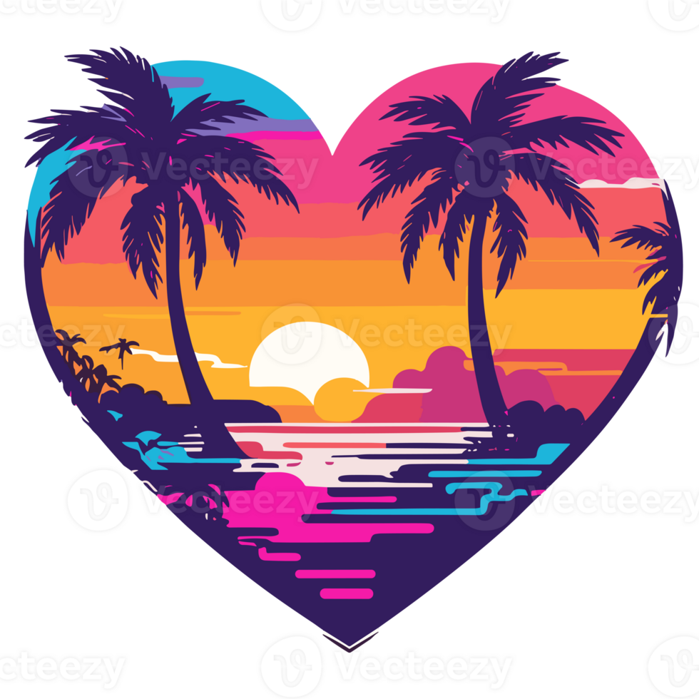 AI generated for summer in the shape of a heart, sunset palm trees and ocean png