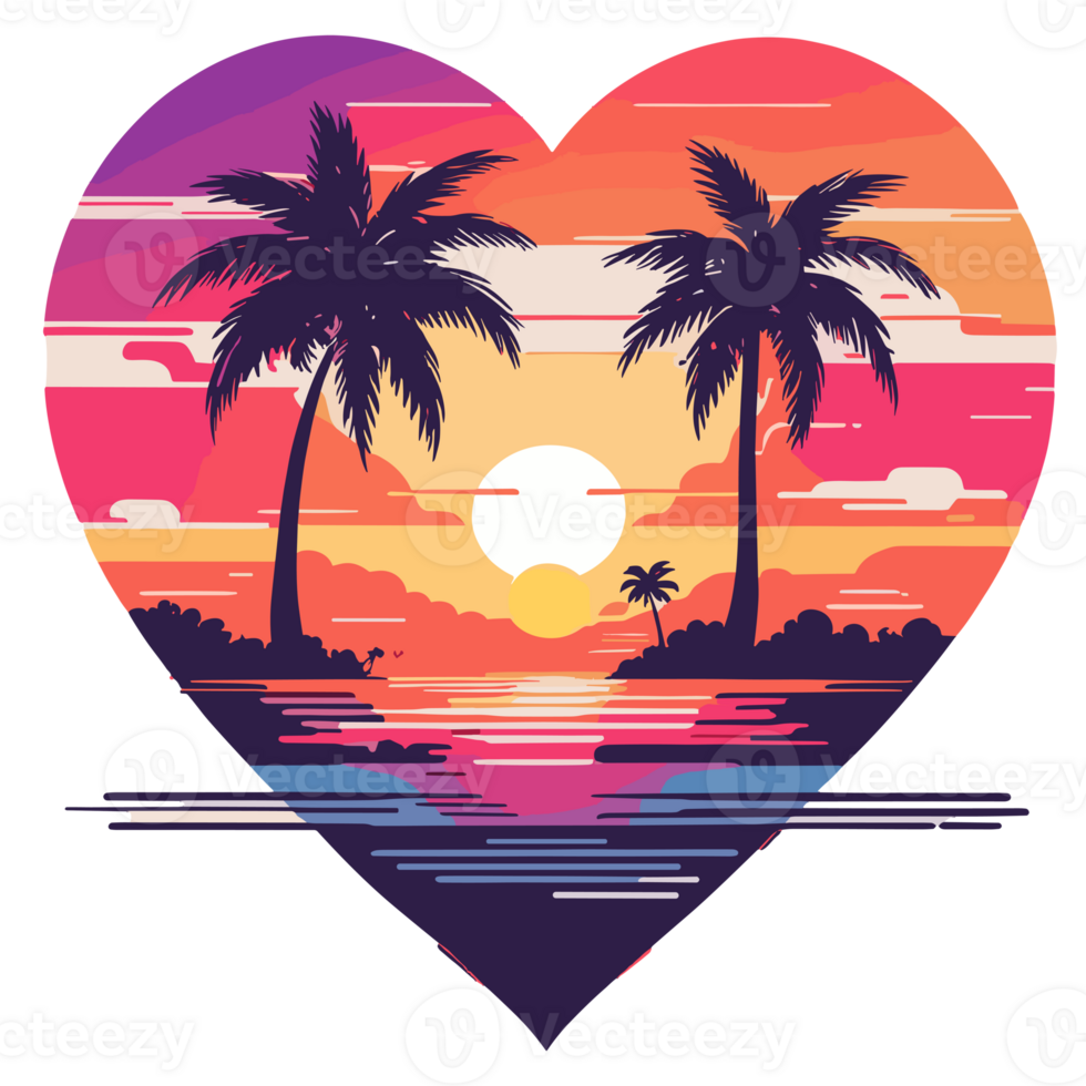 AI generated for summer in the shape of a heart, sunset palm trees and ocean png