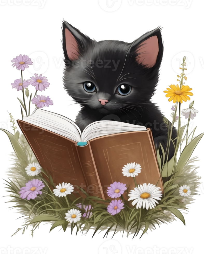 AI generated little black kitten reading a book retro graphics on a floral background png