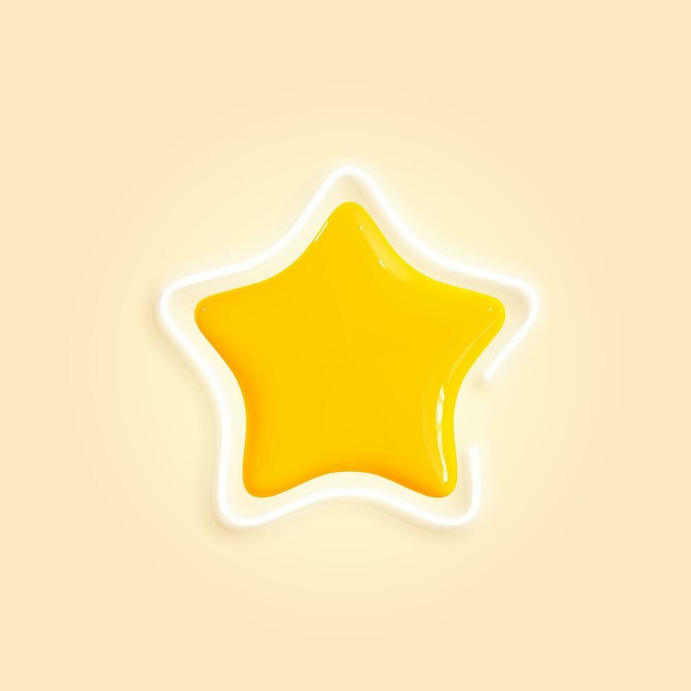 Glossy golden 3d star with white neon frame in realistic style. Symbol design for game, ui, feedback, rating, website. Yellow plastic star on a light background. Vector illustration
