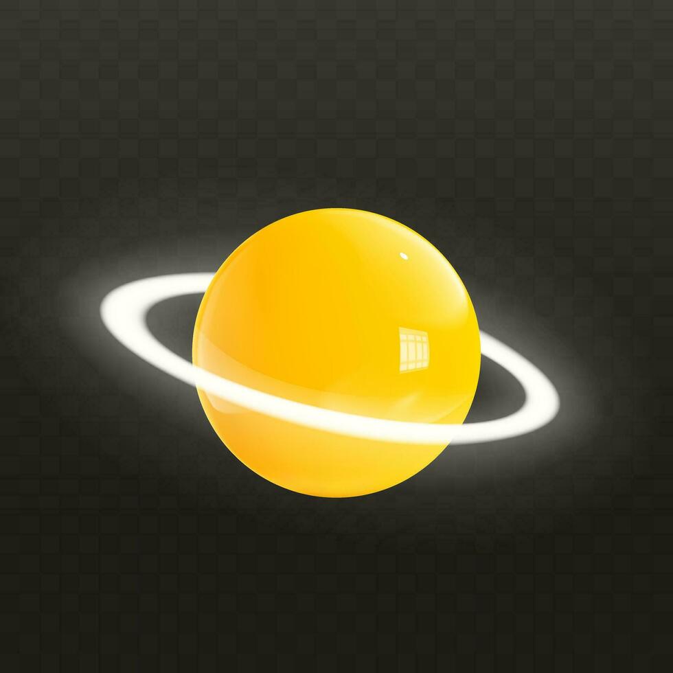Glossy yellow 3d Saturn with white neon glowing ring around in realistic style rendering. Yellow cartoon plastic icon planet on dark background. Vector illustration