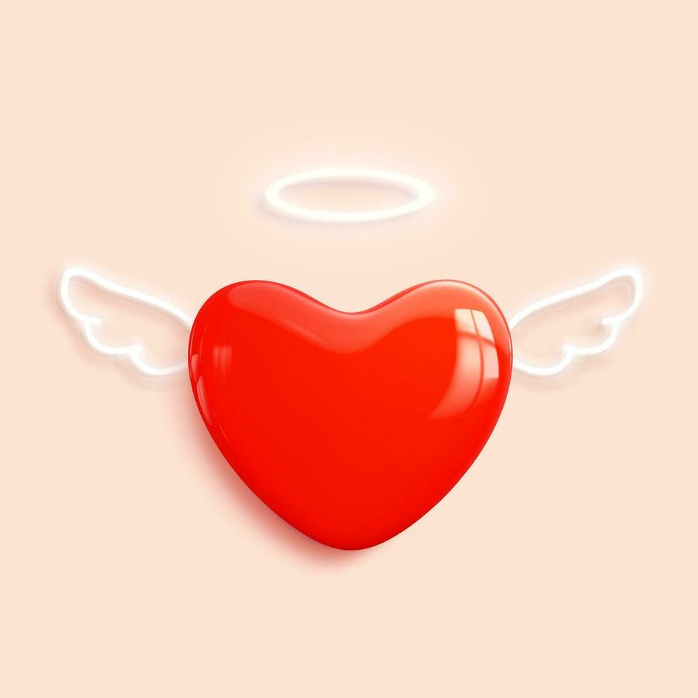 Glossy 3d heart icon realistic style. Red cartoon heart with white neon wings for light backgrounds. Love symbol for greeting cards, banners for Valentine's Day. Vector illustration