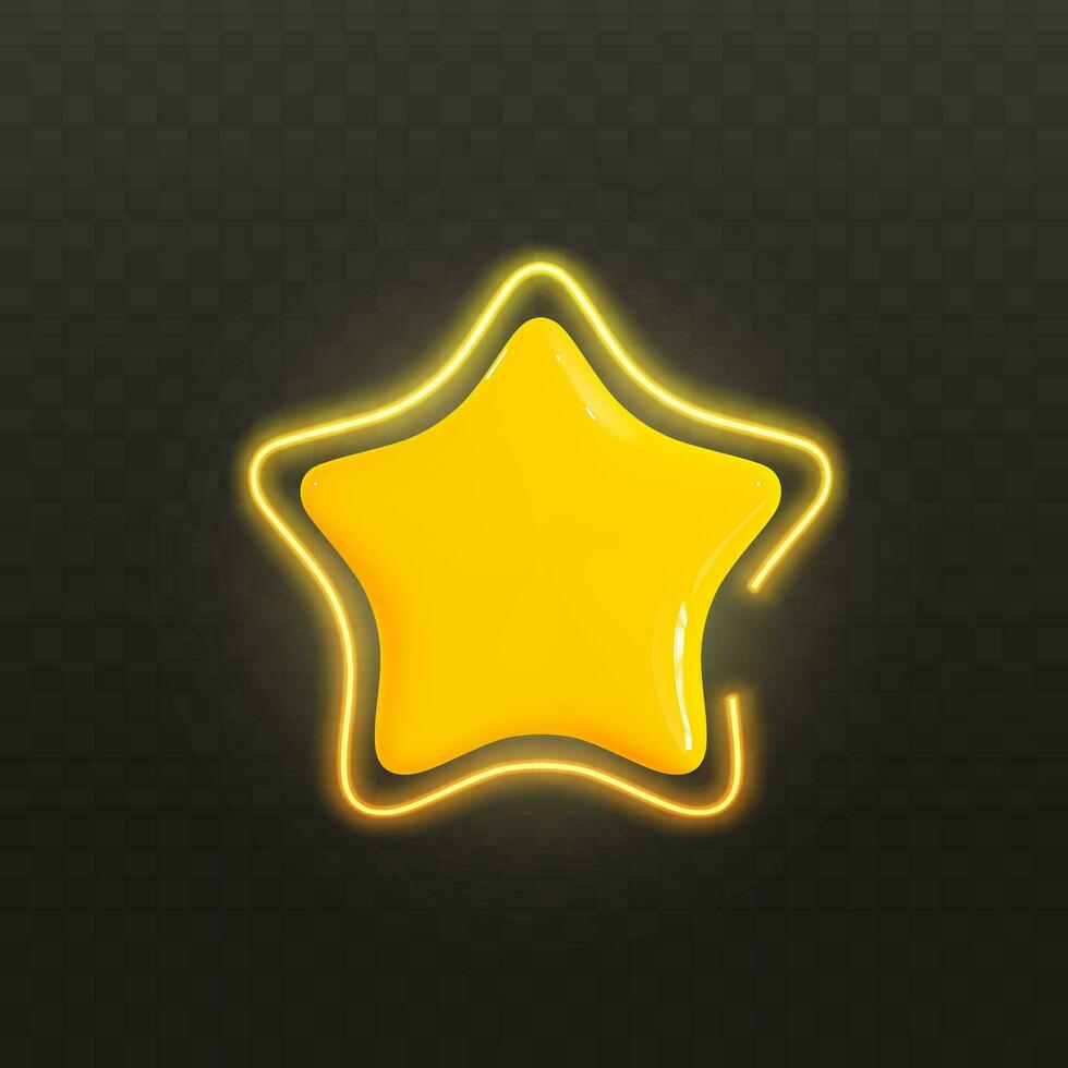 lustroso dorado 3d estrella con neón marco en realista estilo. símbolo diseño para juego, ui, comentario, clasificación, sitio web. amarillo el plastico estrella en oscuro antecedentes. vector ilustración