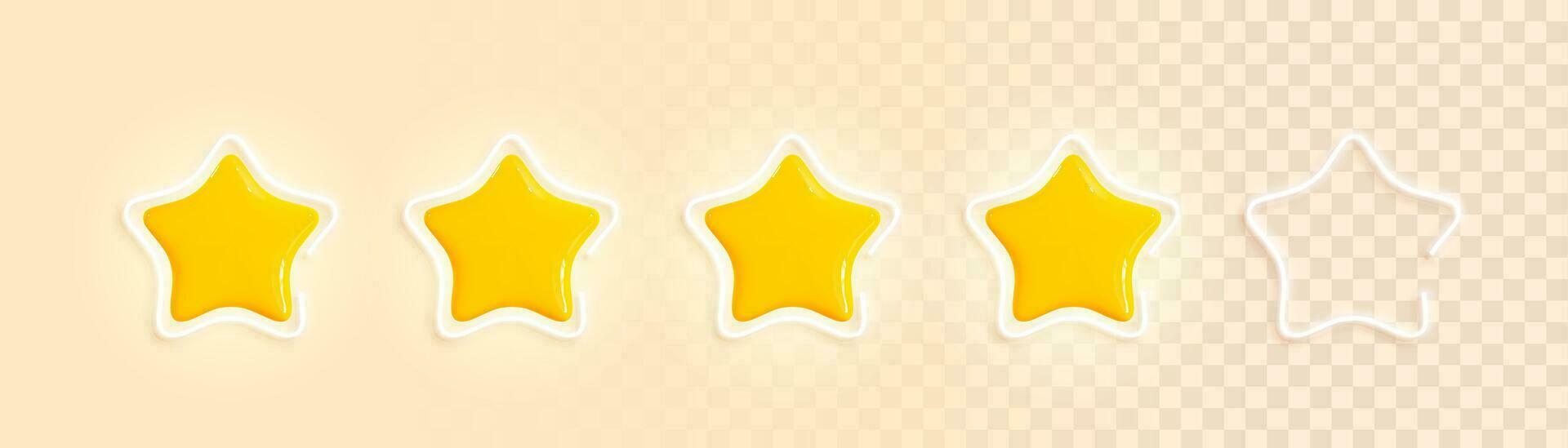 Five glossy golden 3d stars with white neon frames in realistic style. Symbol design for game, ui, feedback, website. Rating concept. Yellow plastic stars on a light background. Vector illustration
