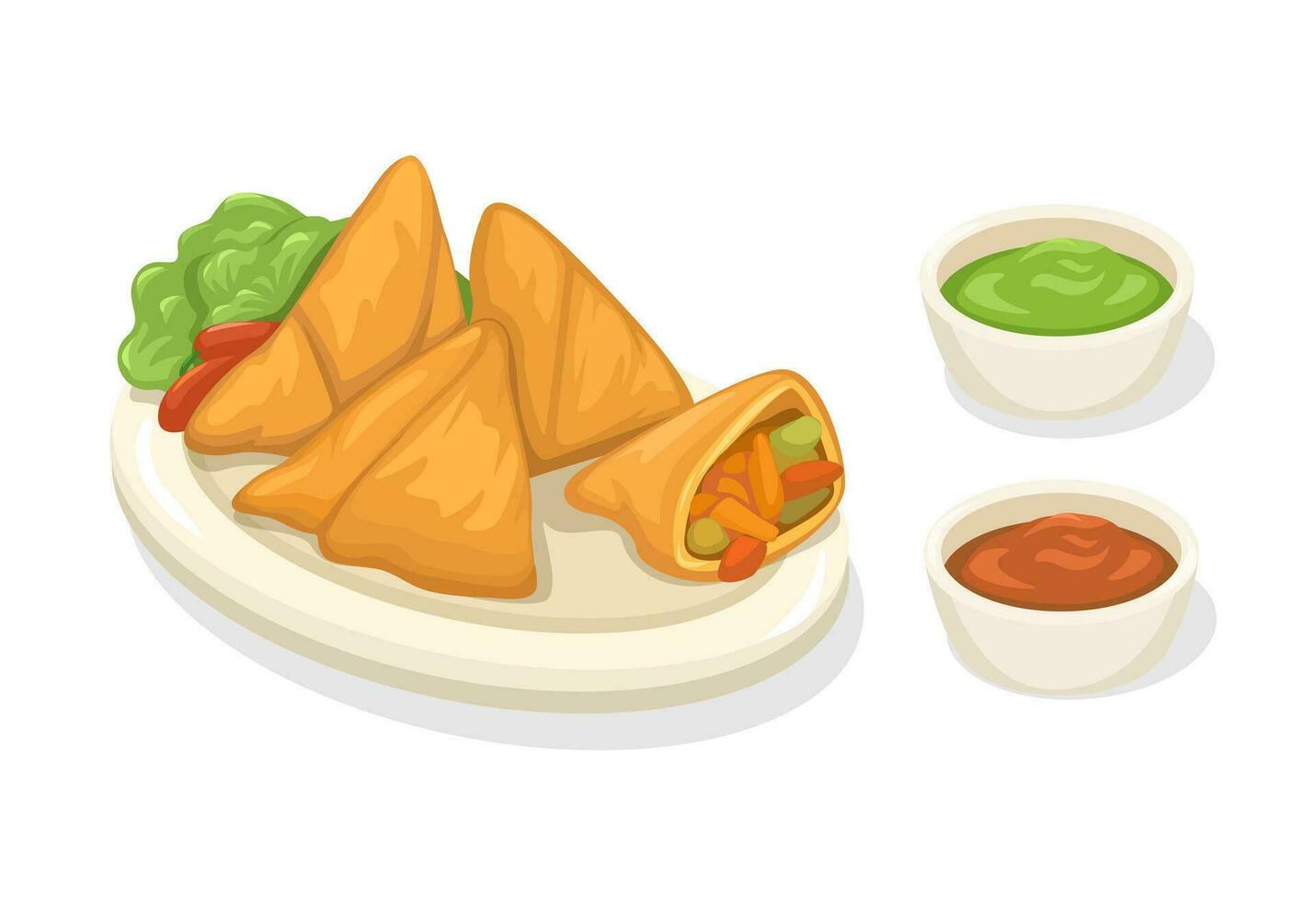 samosa asiático tradicional comida desde India dibujos animados ilustración vector