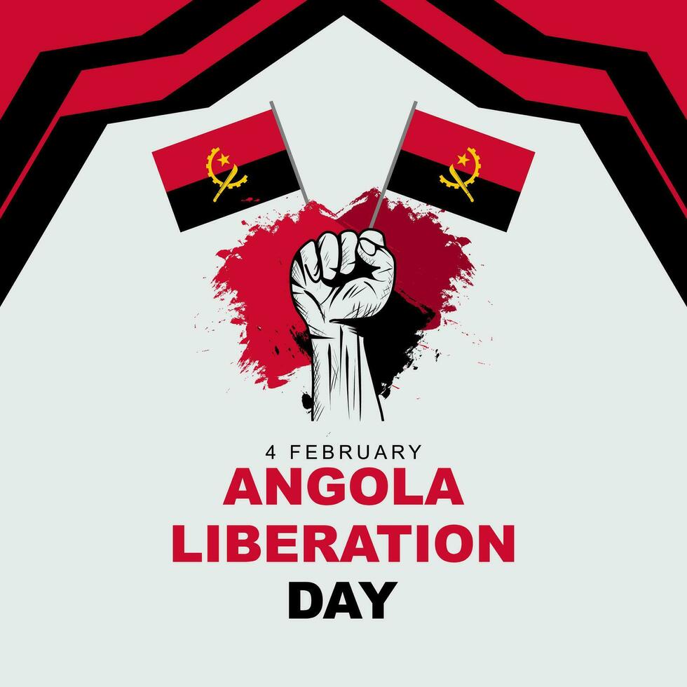 Angola Liberation Day is celebrated on February 4. greeting card poster with flag, clenched fist and grunge texture. Vector illustration