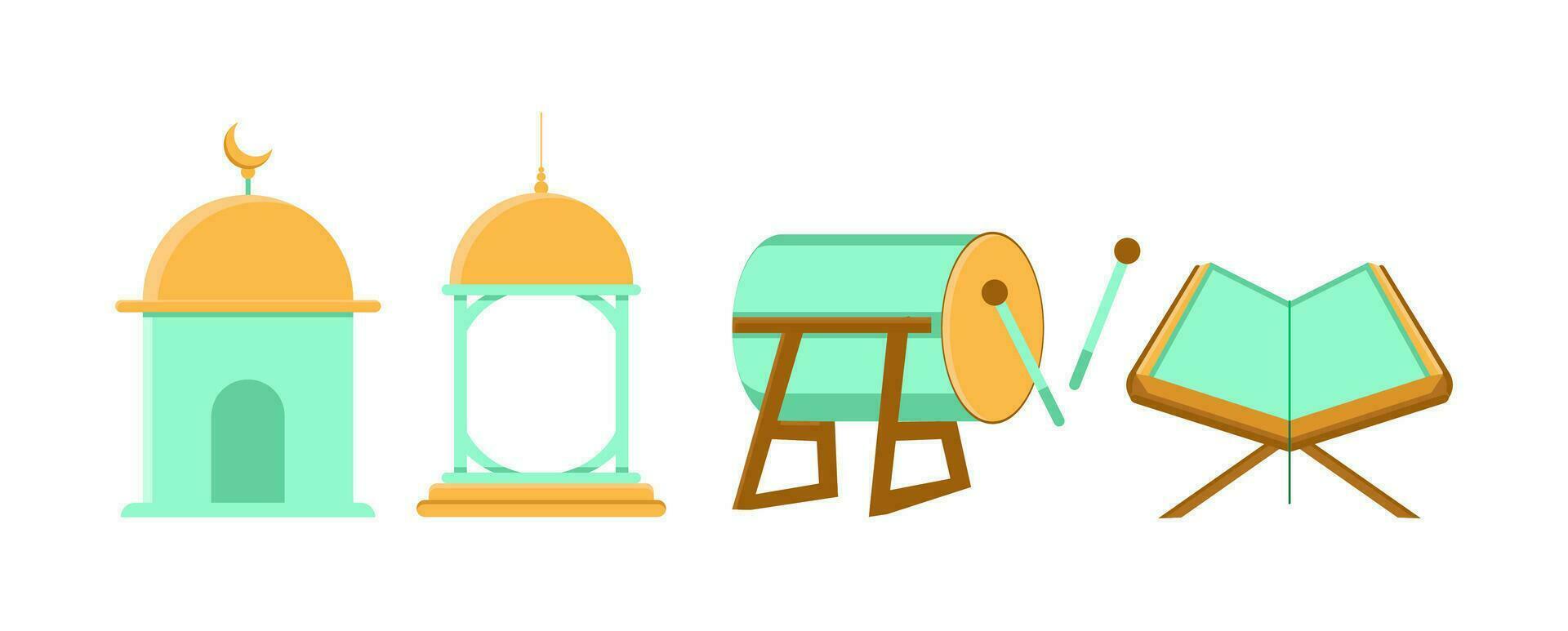 Mosque, lanterns, open holy quran and islamic drums Flat style graphic elements. Islamic modern icon symbol on White background. Vector illustration