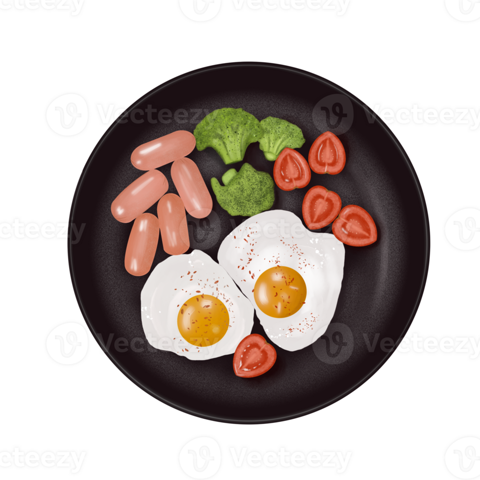 Illustration depicting a black round plate with fried eggs, sausages, tomatoes and broccoli on a neutral transparent background png