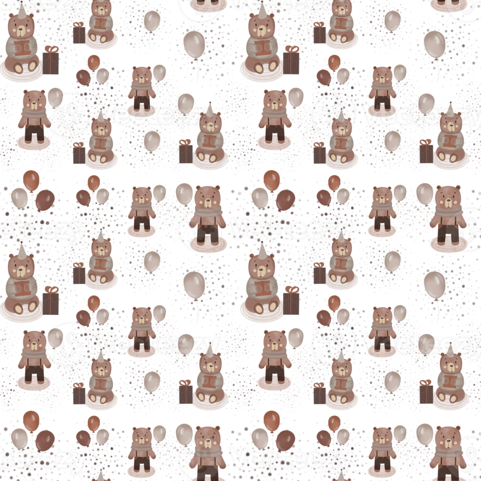 Beautiful illustration seamless pattern with bears toys and balls as elements or background for a birthday party png