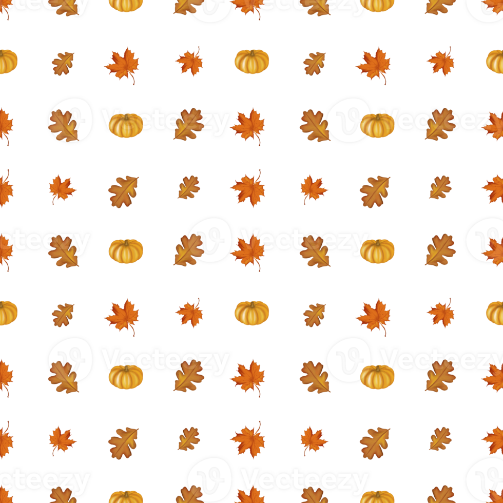 Autumn colorful pattern illustration consisting of orange pumpkins and colored leaves on a transparent background. Can be used to create your designs png